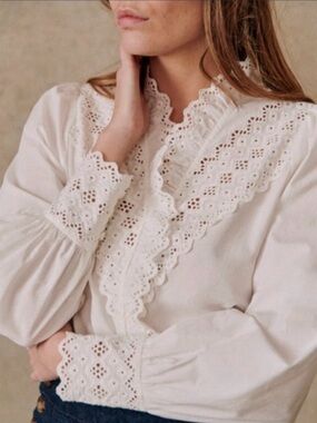 Sezane Ivory Eyelet Ruffle Blouse